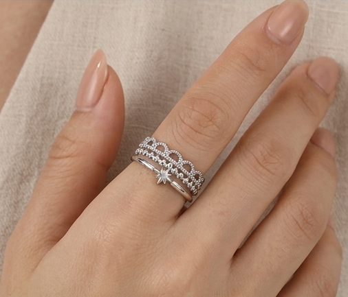 Starlight layered beaded adjustable ring shown from multiple angles with text above.