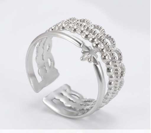 Starlight layered beaded adjustable ring shown from multiple angles with text above.