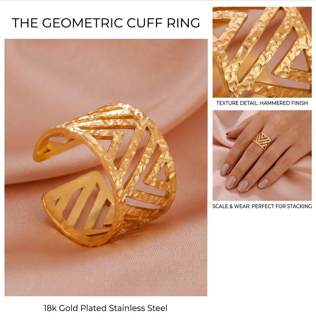 Gold geometric cuff ring with adjustable design on a pink fabric background