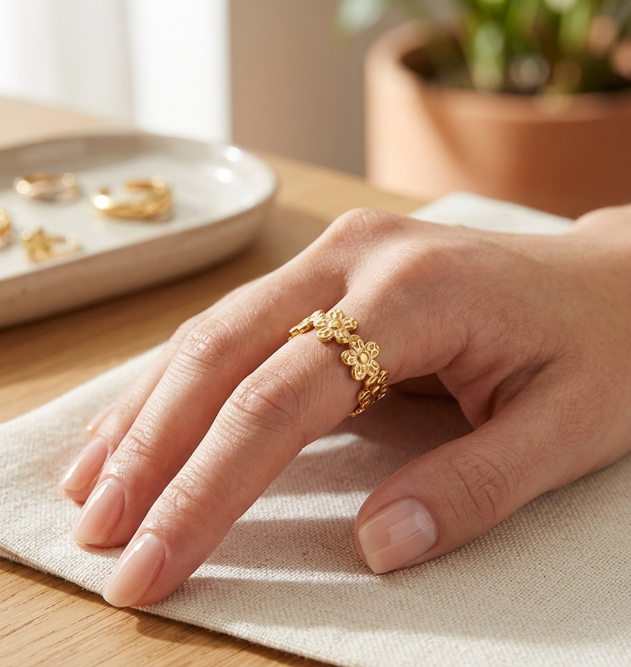 Hand wearing a gold ring on a wooden surface with a blurred background