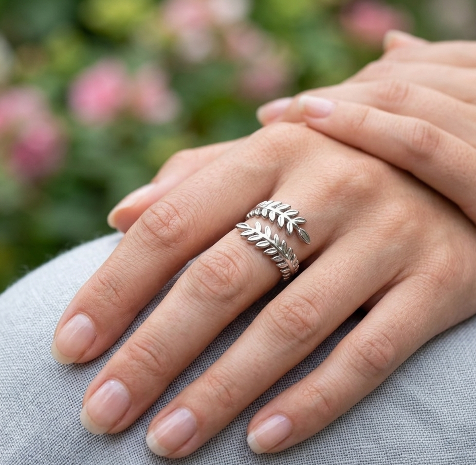Silver leaf ring on a hand with a blurred floral background